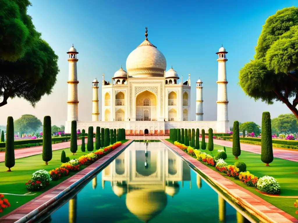 El Taj Mahal reflejado en jardines, con detalles arquitectónicos islámicos y exuberante vegetación