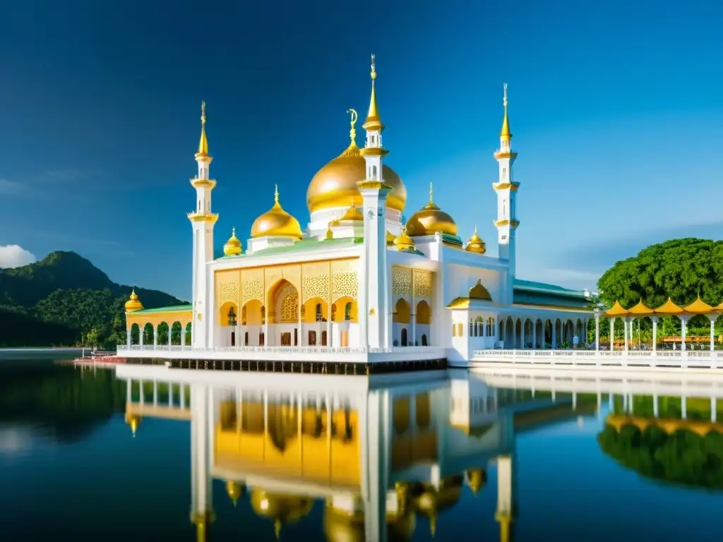 Reflejo islámico y belleza de Brunei en la mezquita Sultan Omar Ali Saifuddin, con luz y sombra en el agua, y exuberante vegetación y flores