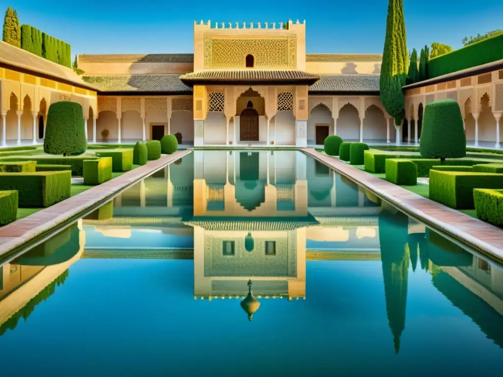 Reflejo mágico de la Alhambra en el agua, capturando la contemplación espiritual islámica