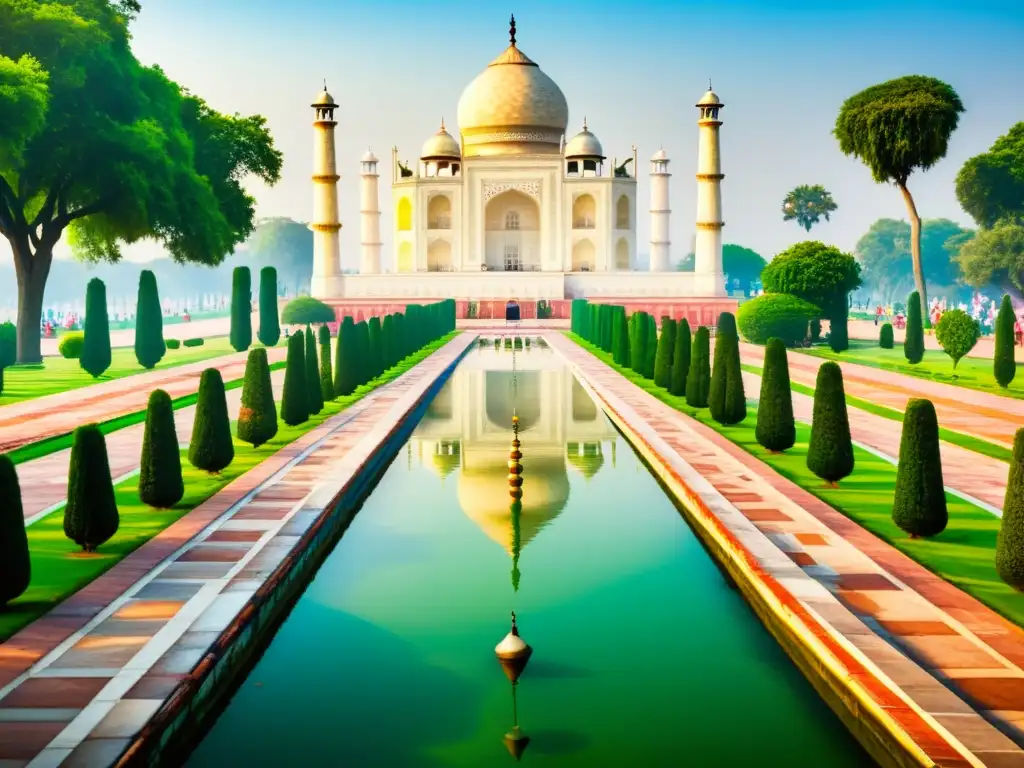 Reflejos serenos de los jardines del Taj Mahal, capturando el simbolismo del agua en jardines islámicos