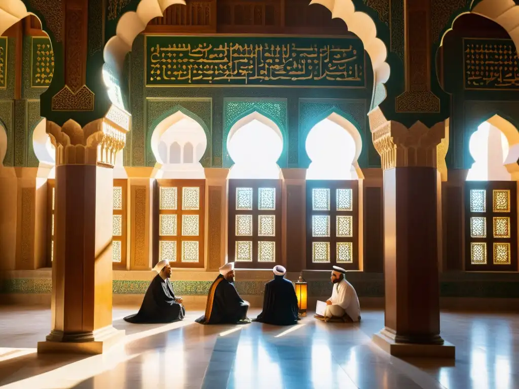 Reformadores religiosos Almorávides Magreb en mezquita majestuosa, sabiduría y estudio en atmósfera inspiradora