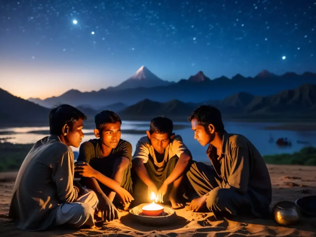 Refugiados Rohingya: Resiliencia bajo las estrellas Refugiados Rohingya luchando por sobrevivir en la tragedia, iluminados por una vela en la noche estrellada