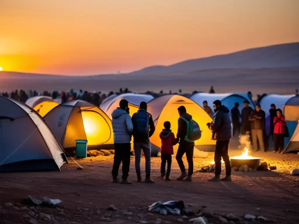 Refugiados sirios reunidos alrededor de una fogata en un campamento improvisado, buscando consuelo mutuo