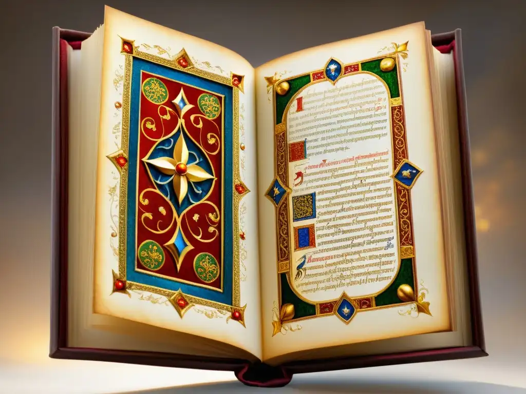 Una réplica de manuscrito iluminado de biblioteca, con colores ricos y detalles intrincados, evocando su belleza artística y espiritual atemporal