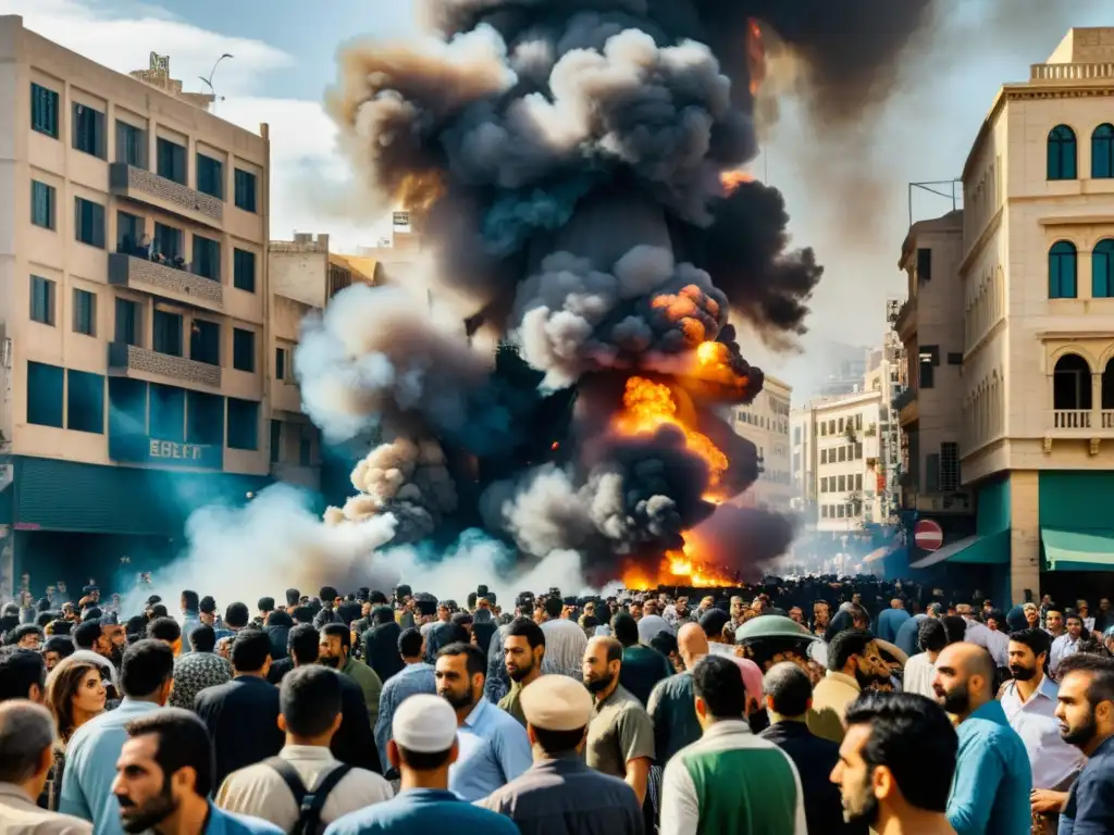 Una representación detallada y realista de una calle atestada en Beirut durante la Guerra Civil Libanesa, con una intensa participación islámica