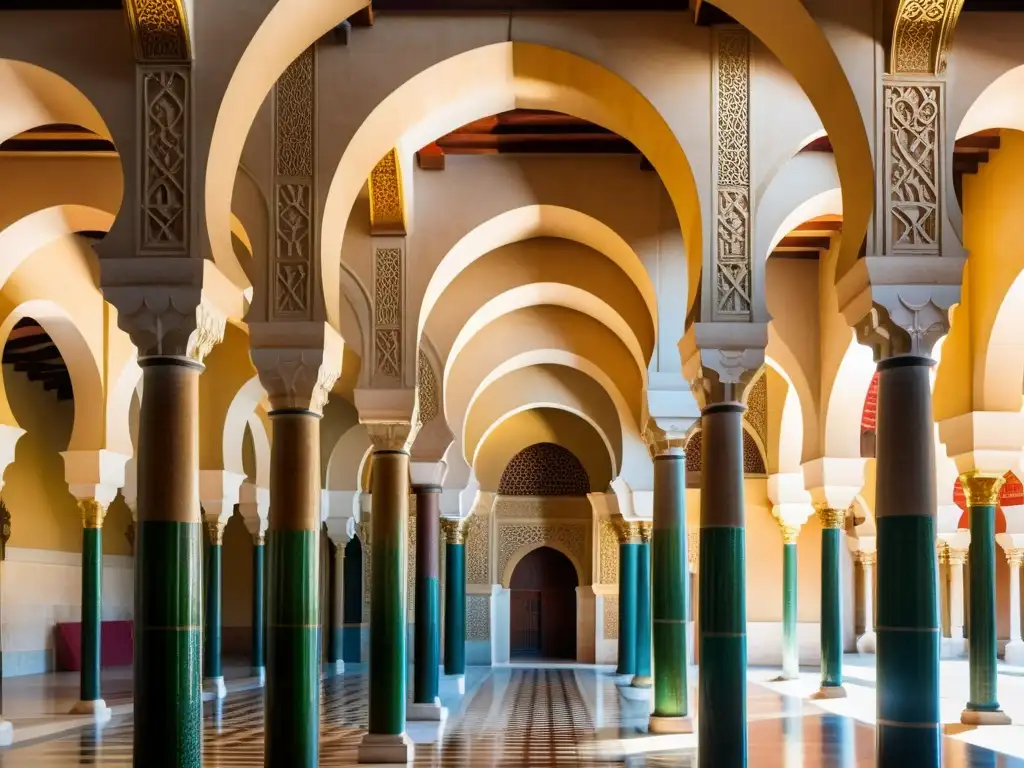 Una representación impresionante y detallada de la Gran Mezquita de Córdoba, resaltando la evolución arquitectónica de las mezquitas islámicas