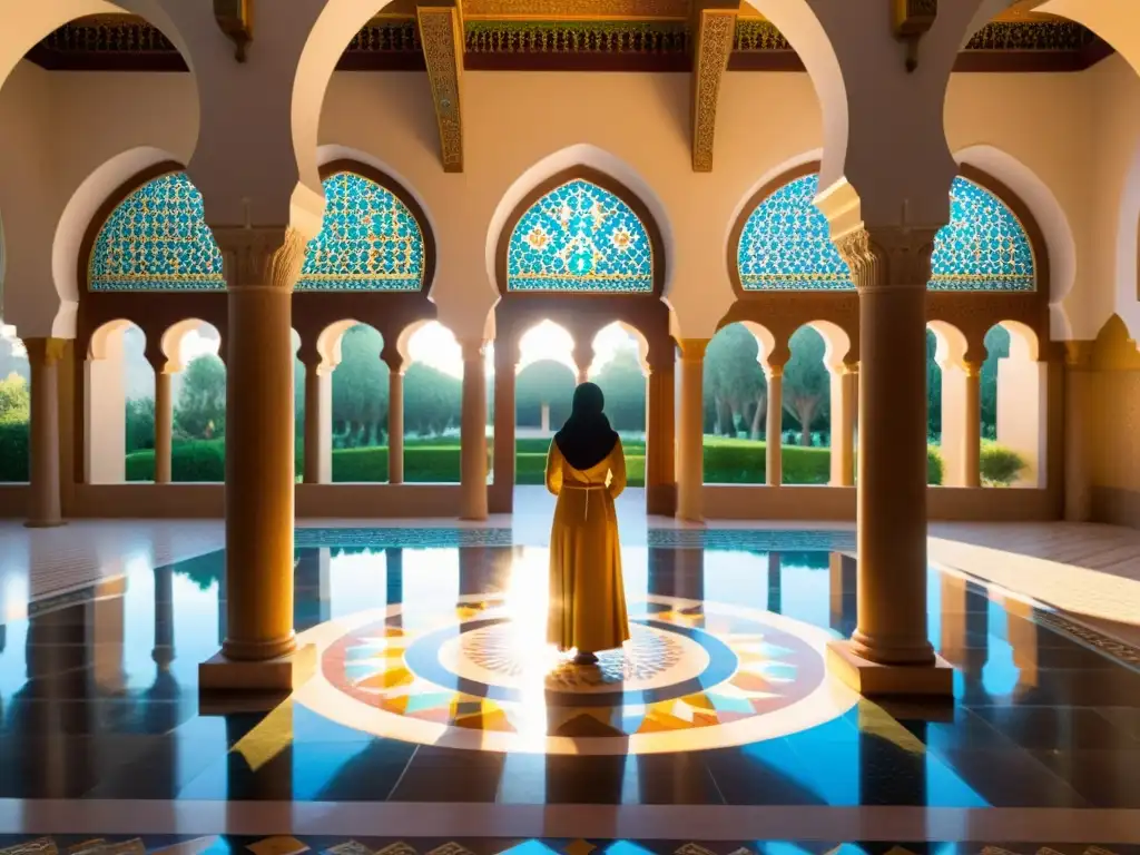 Una representación de mujeres en arte islámico: un patio con mosaicos, arcos ornamentados, una fuente serena y una mujer admirando una obra de arte