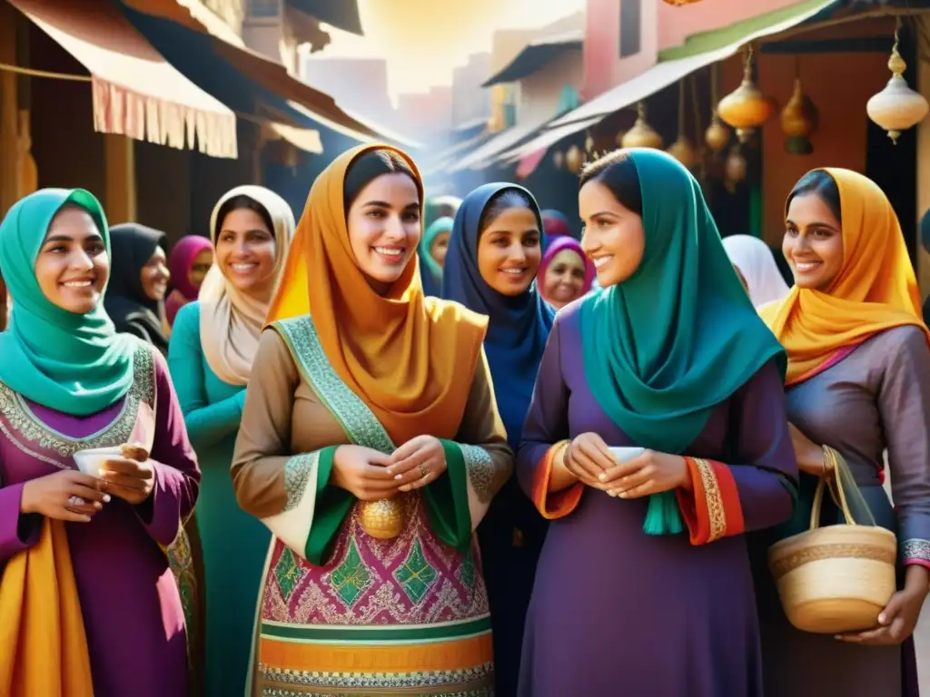 Una representación de mujeres en arte islámico: grupo en mercado con atuendos coloridos, expresiones diversas y fuerza comunitaria