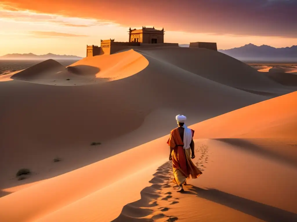 Representaciones del Califato en literatura y cine: Desierto con dunas altas, atardecer naranja y figura solitaria frente a palacio antiguo