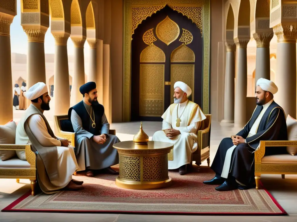 Reunión diplomática en el Califato Rashidun Representantes del Califato Rashidun se reúnen con líderes de imperios vecinos en un escenario de arquitectura islámica