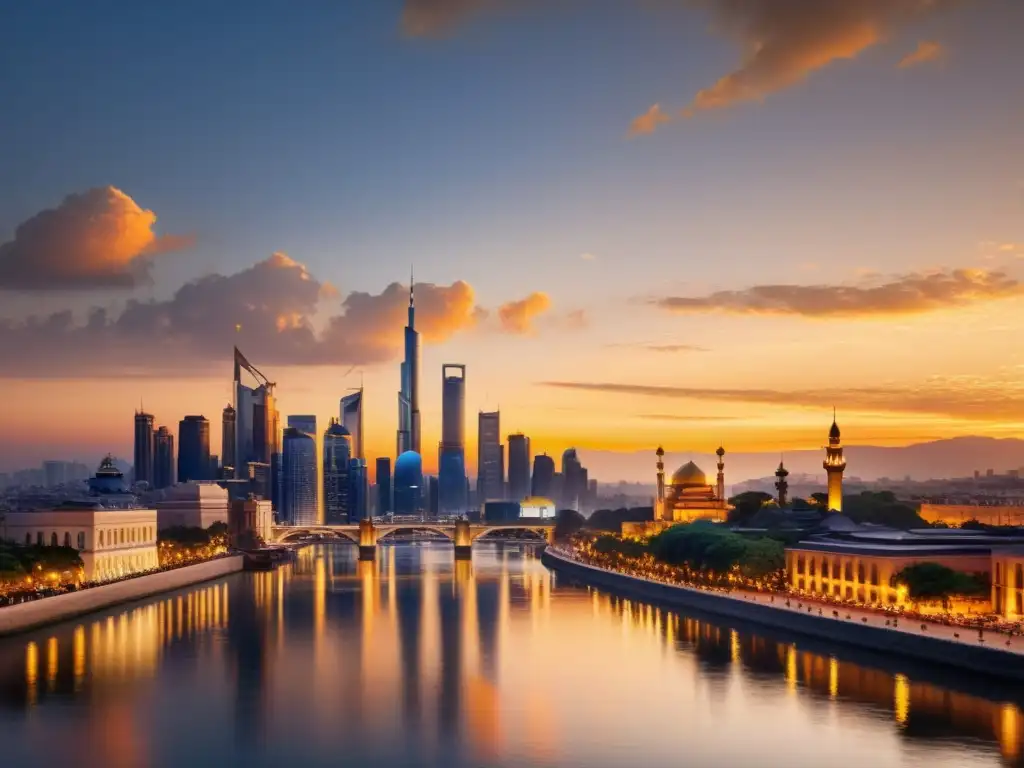 El resplandor dorado del atardecer ilumina una ciudad moderna con arquitectura islámica y rascacielos, reflejándose en un río tranquilo