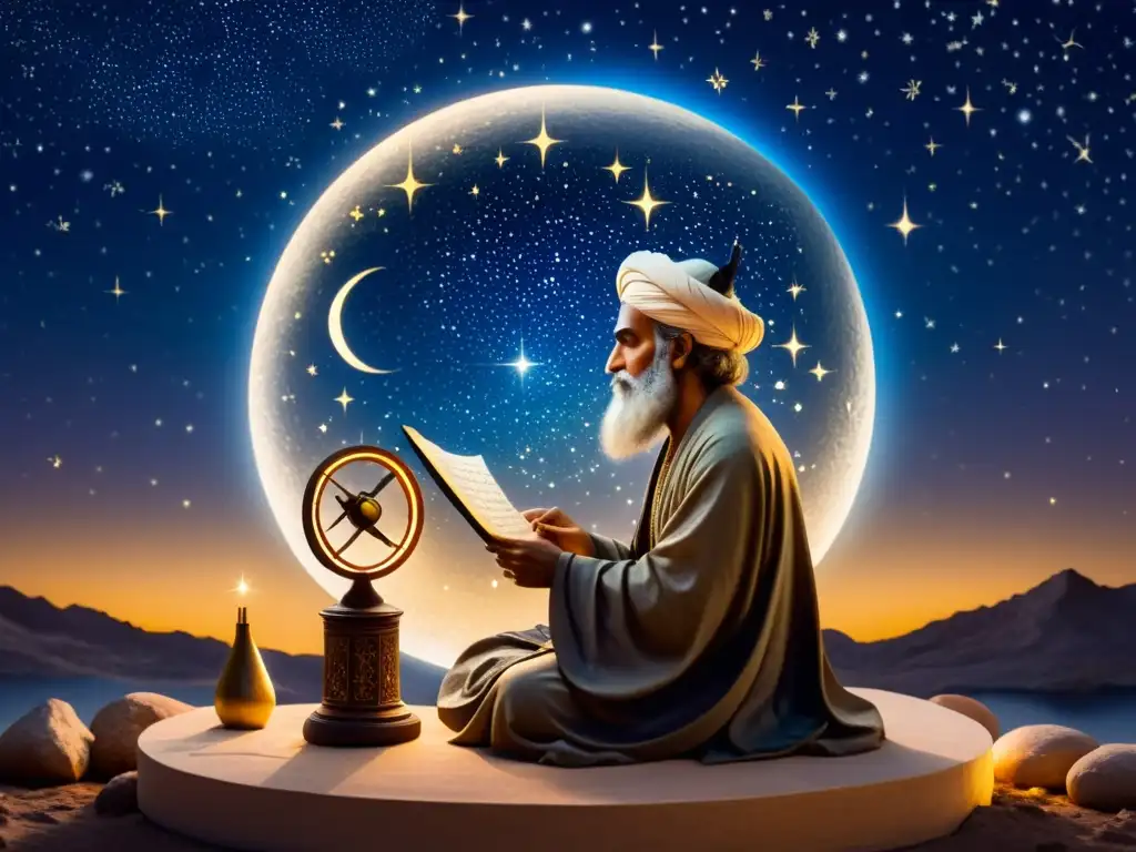 Bajo el resplandor de la luna, Omar Khayyam escribe poesía rodeado de instrumentos astronómicos y versos del Rubaiyat, fusionando astronomía y poesía