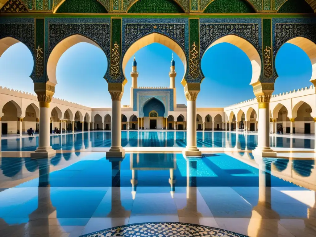 Restaurada AlKadhimiya Mosque en Bagdad, con detalles arquitectónicos islámicos, mosaicos vibrantes y visitantes en el patio