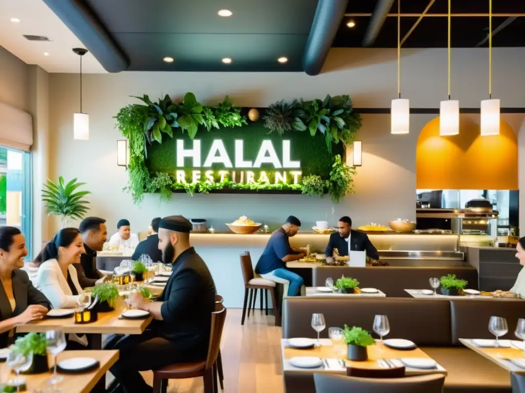 Un restaurante halal sin gluten orgánico, con ambiente acogedor y diversidad de comensales disfrutando de una experiencia inclusiva y satisfactoria