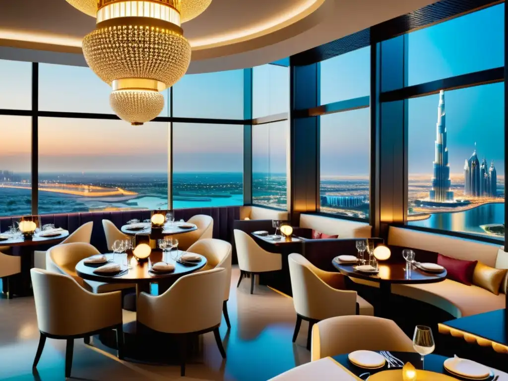 Restaurante halal moderno y lujoso en Dubai con ambiente sofisticado y vista panorámica de la ciudad