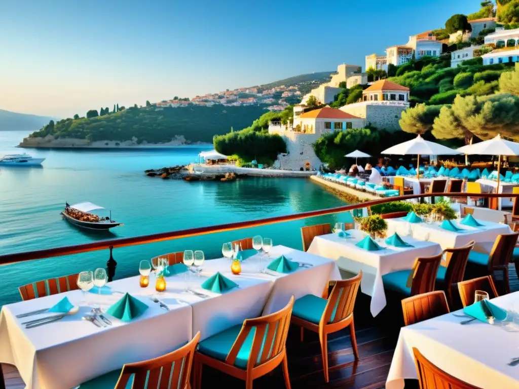 Restaurante halal frente al mar en la Riviera Turca Un restaurante halal en la Riviera Turca con elegante terraza y vista al mar Mediterráneo, bañado por la cálida luz del atardecer