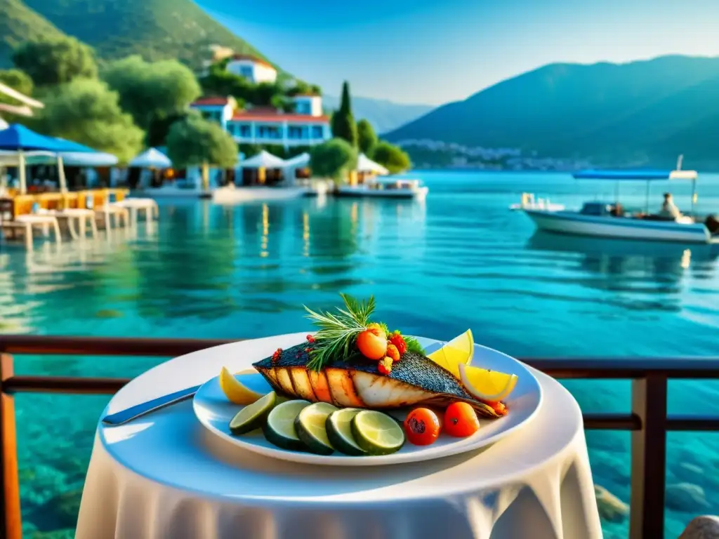 Restaurante de mariscos halal en Fethiye, Turquía Restaurante halal en la Riviera Turca: escena idílica junto al mar, mesa con exquisitos platos de mariscos y mezze, bañada por la cálida luz del sol