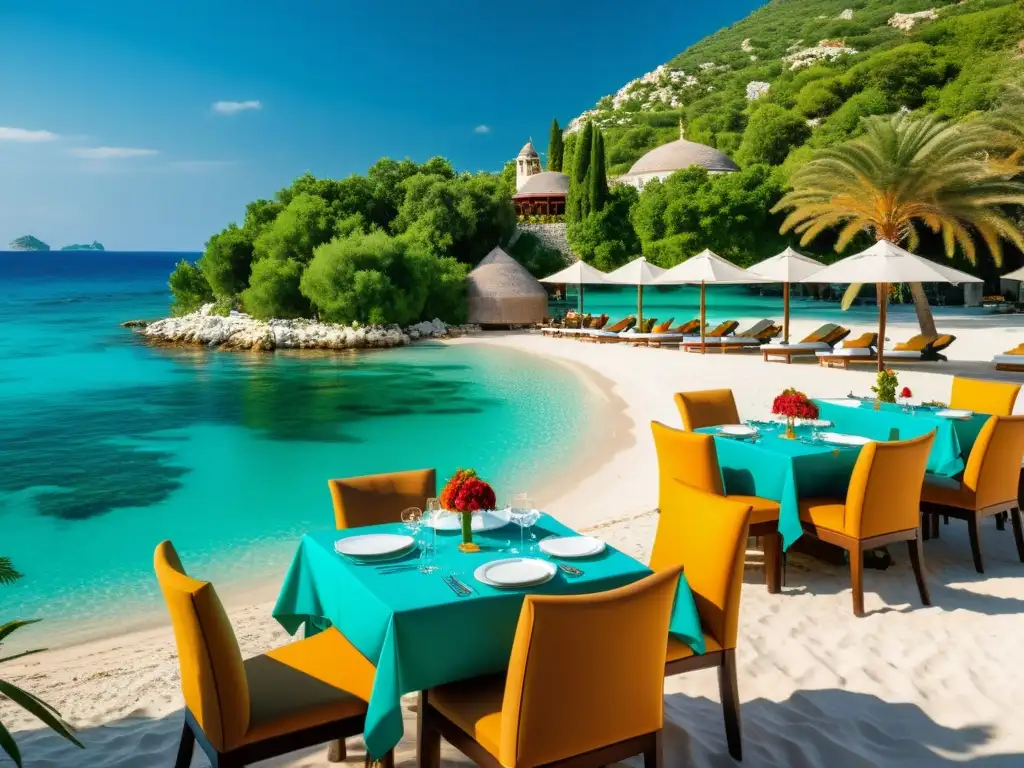 Exquisito restaurante halal en la Riviera turca Restaurante halal en la Riviera Turca: experiencia lujosa en la costa mediterránea, con vistas impresionantes y elegantes mesas de comedor