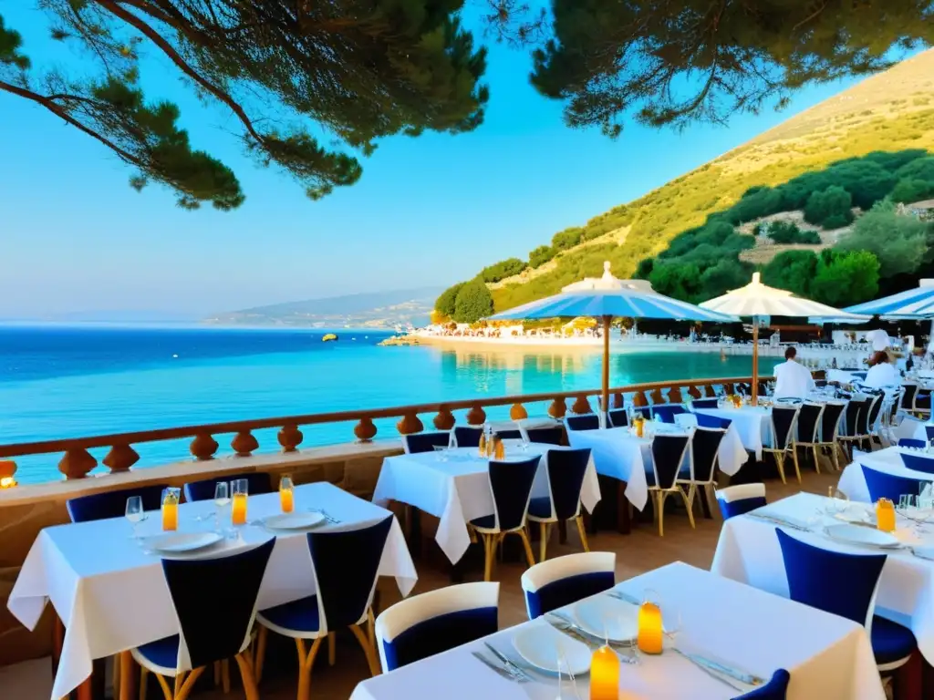 Restaurante junto al mar en la Riviera Turca: frescura y elegancia Restaurantes Halal en la Riviera Turca: Un restaurante animado a orillas del mar, con mesas blancas y sombrillas a rayas bajo el cálido sol