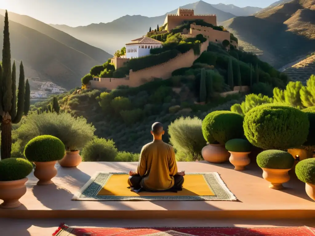 Retiro de meditación Sufi en montañas de Andalucía con arquitectura morisca y jardines exuberantes