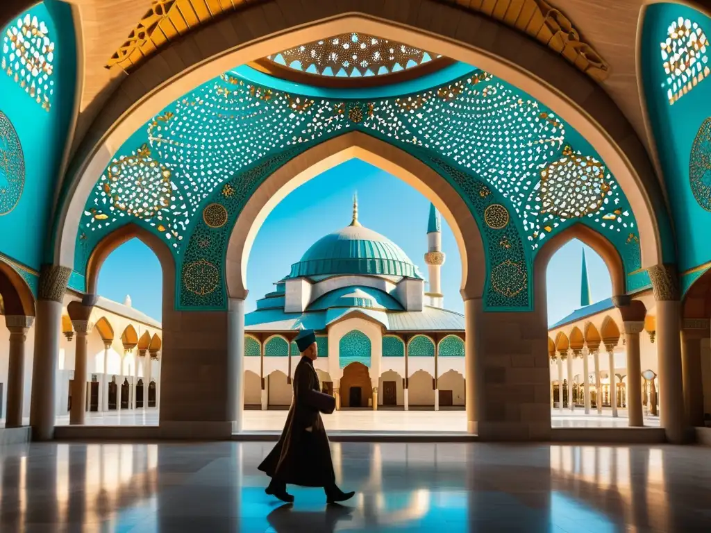 Retiros espirituales Sufíes en Konya: Detalle arquitectónico del Museo Mevlana, bañado por cálida luz solar y visitantes en trajes tradicionales