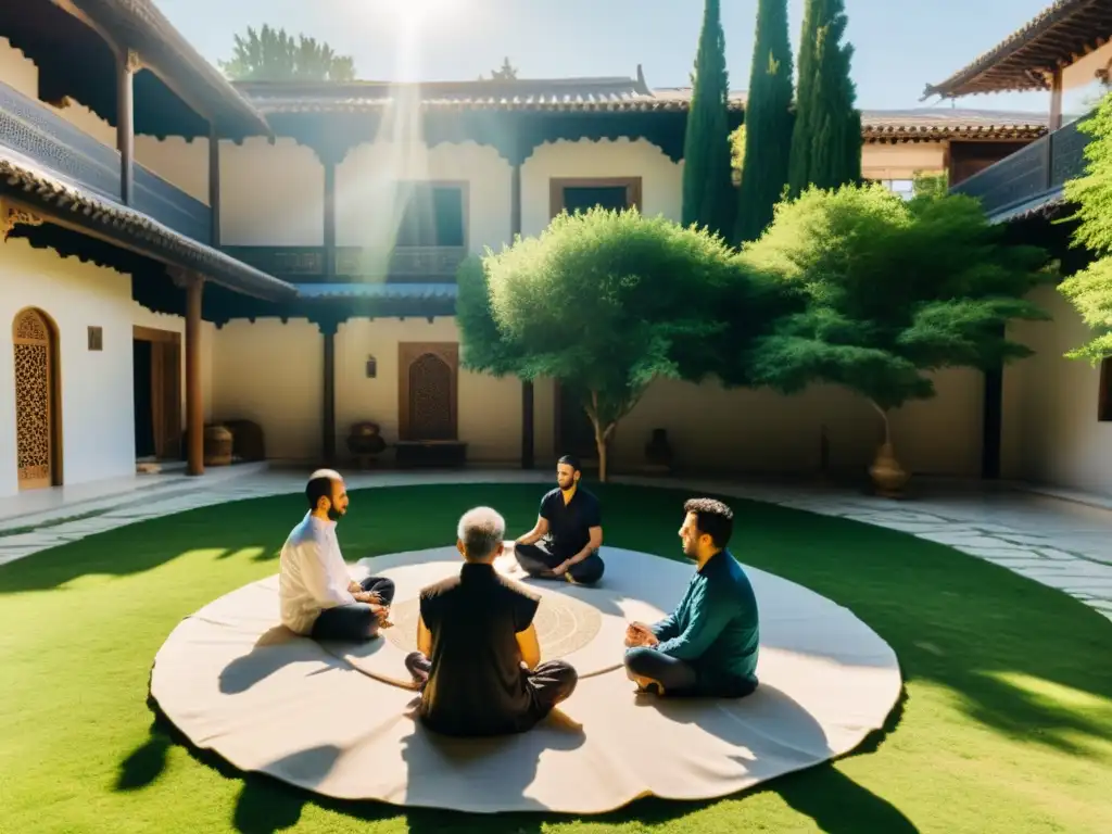 Retiros espirituales Sufíes en Konya: Grupo meditando en un patio soleado rodeado de vegetación, transmitiendo paz y serenidad