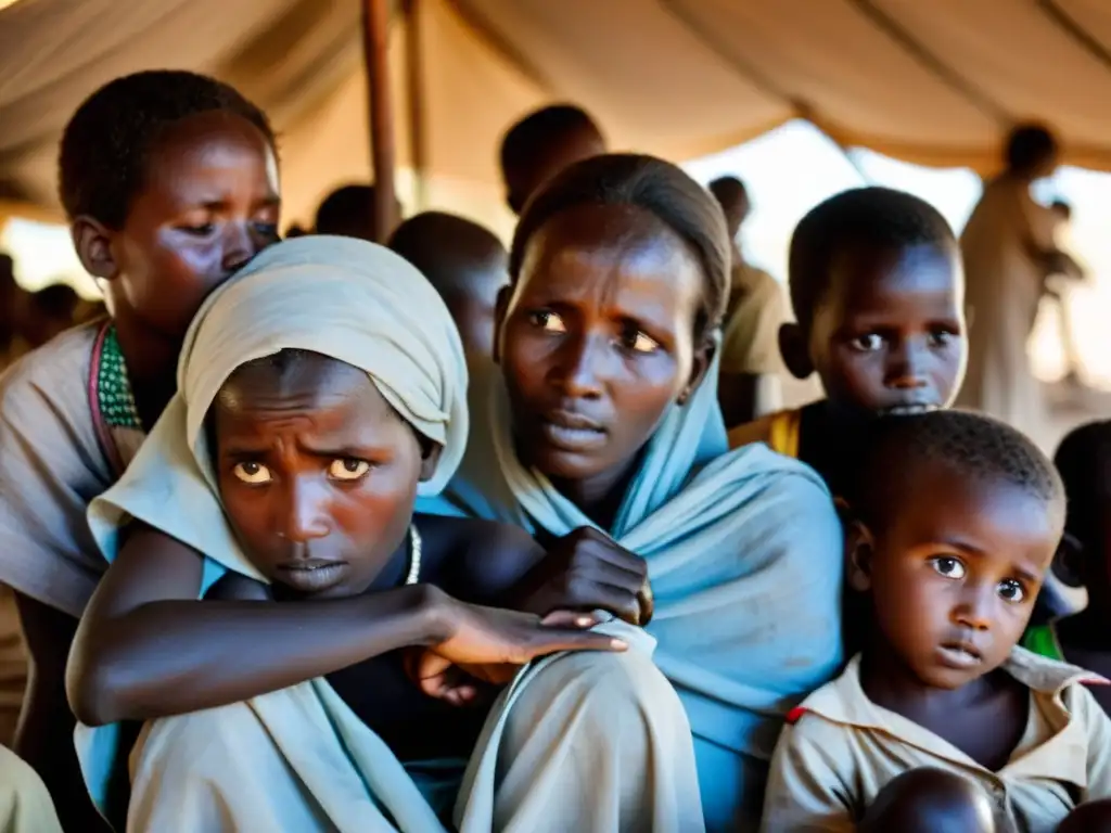 Retrato conmovedor del impacto humano del conflicto en Darfur, con mujeres y niños desplazados refugiándose en un improvisado refugio