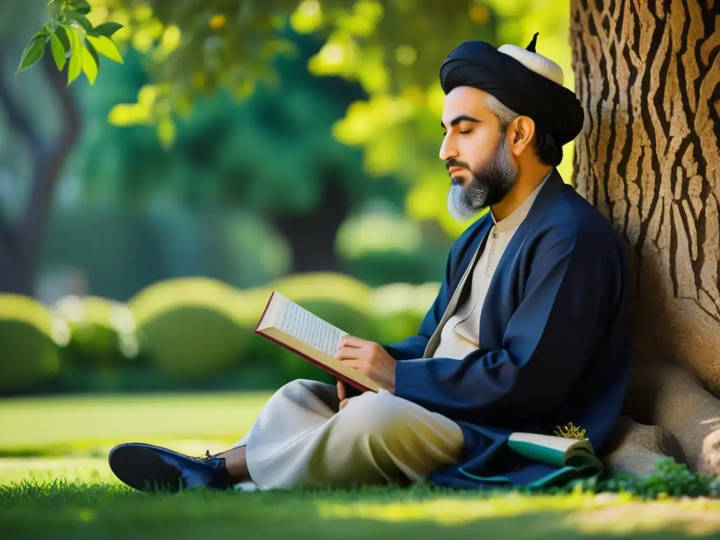 Retrato detallado de Saadi Shirazi bajo un árbol en exuberantes jardines persas, reflejando su influencia en Occidente