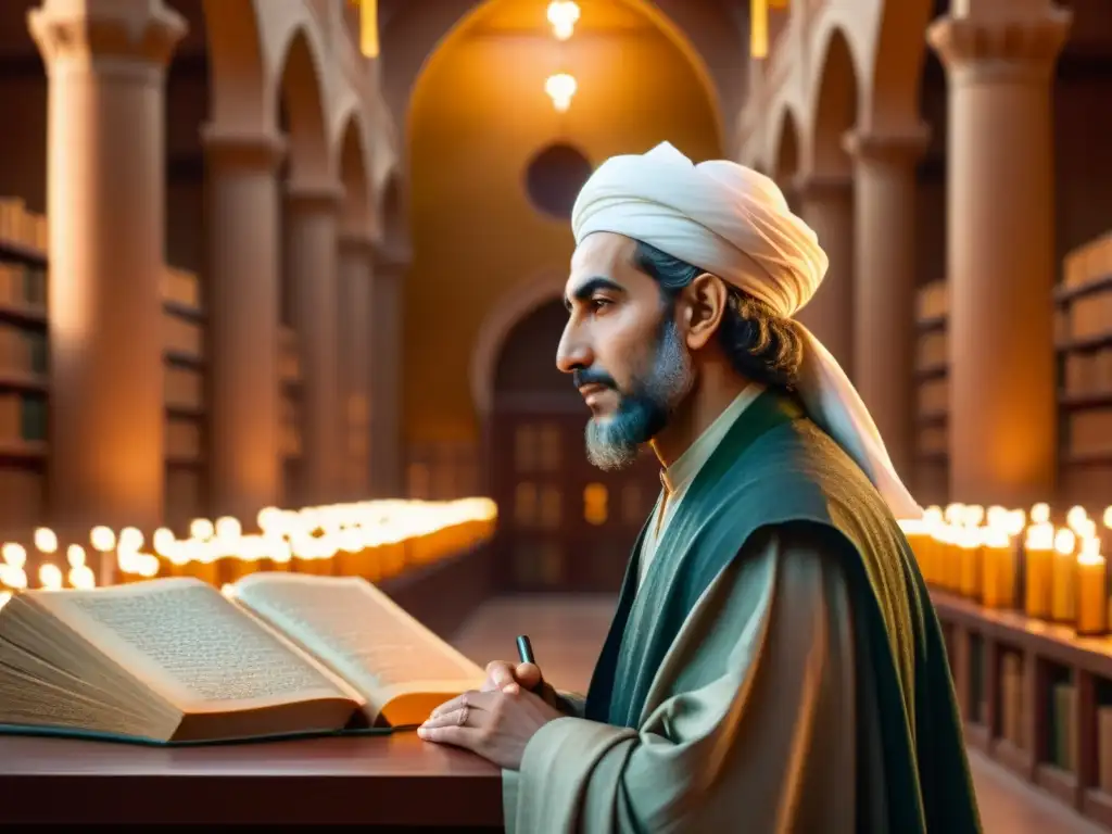 Retrato detallado de Ibn Sina en una biblioteca antigua, iluminado por velas, reflexionando sobre la complejidad del universo