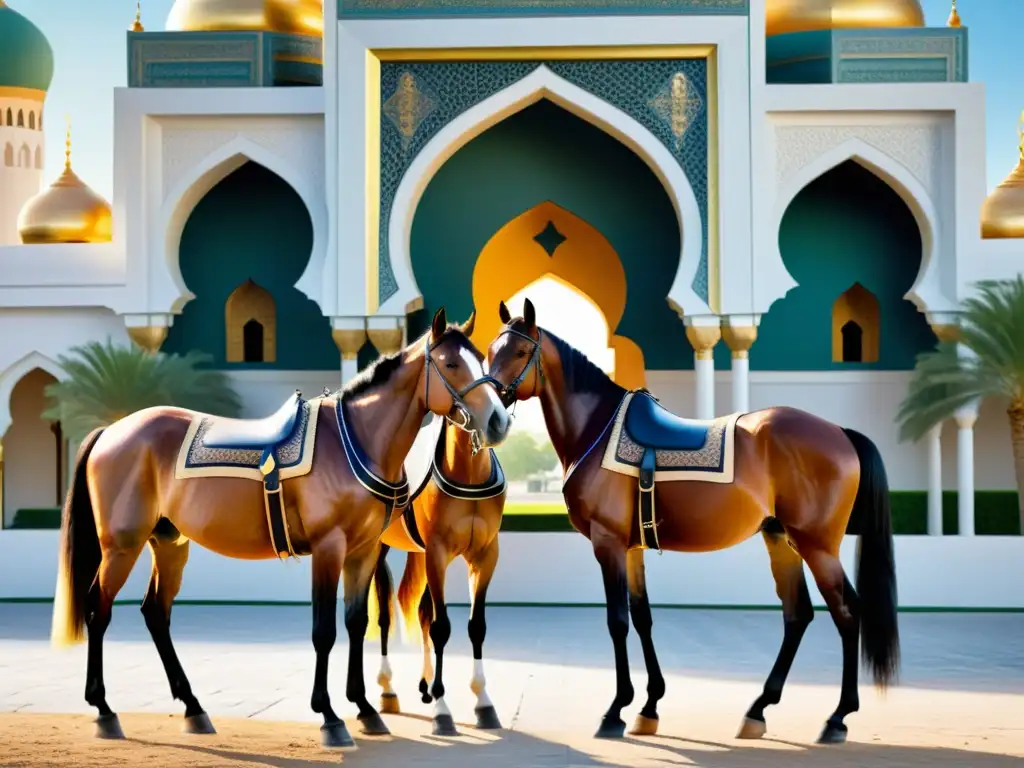 Retrato detallado de caballos árabes con atuendos islámicos, frente a una mezquita