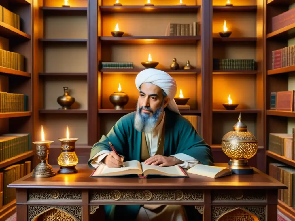 Retrato detallado de Ibn Sina inmerso en su método filosófico, rodeado de libros antiguos y ambiente sereno de estudio iluminado