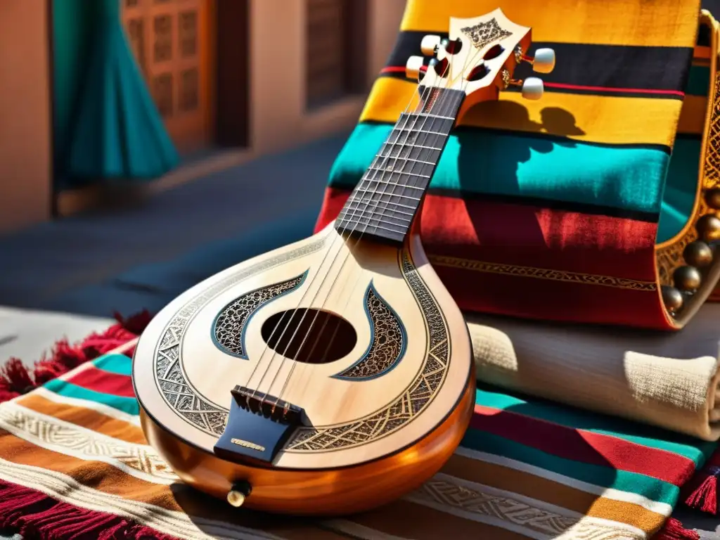 Un retrato detallado de un instrumento musical tradicional del Oriente Medio en un bullicioso bazar, evocando las Escalas musicales del Oriente Medio