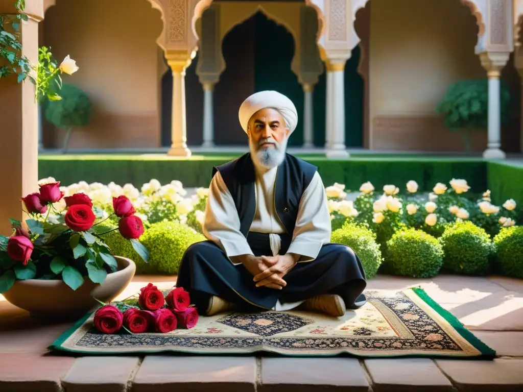 Retrato detallado de Rumi y Shams en un patio soleado, rodeados de rosas y follaje exuberante, evocando amor transformador en literatura sufí