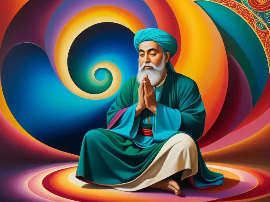 Retrato detallado de Rumi en pose meditativa, rodeado de colores vibrantes y espirituales que reflejan la influencia Sufí en poetas occidente