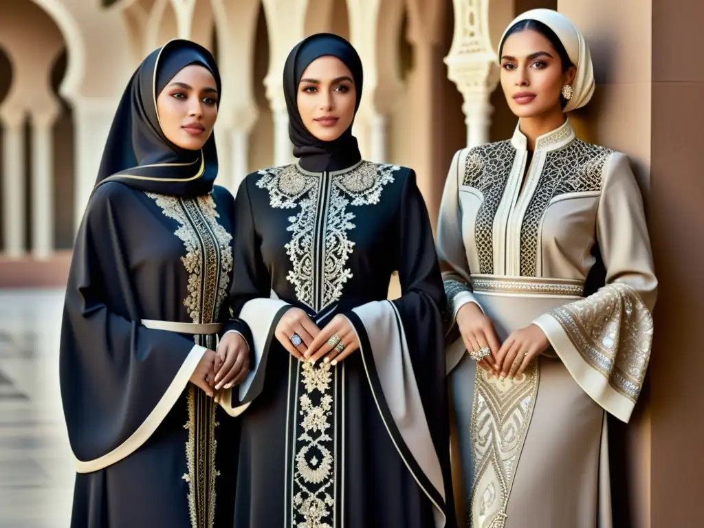 Un retrato fotográfico de un grupo de mujeres musulmanas con abayas de autor moda islámica, mostrando elegancia y estilo en un entorno urbano