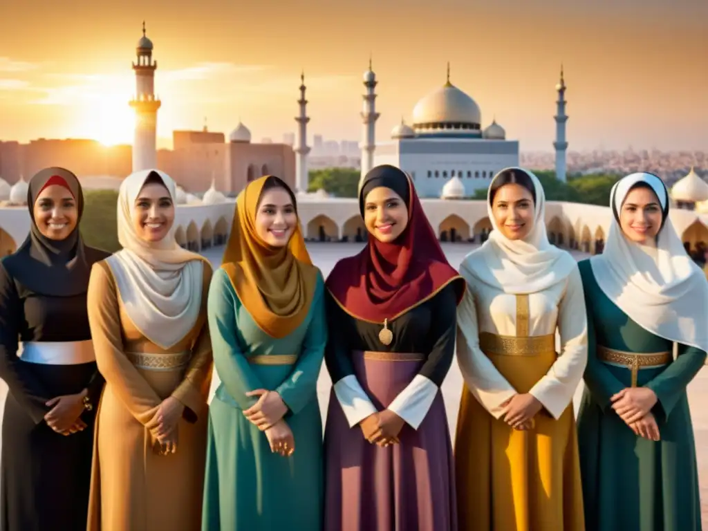 Un retrato fotográfico de mujeres musulmanas que cambiaron el mundo, mostrando diversidad y empoderamiento, con un fondo de monumentos globales