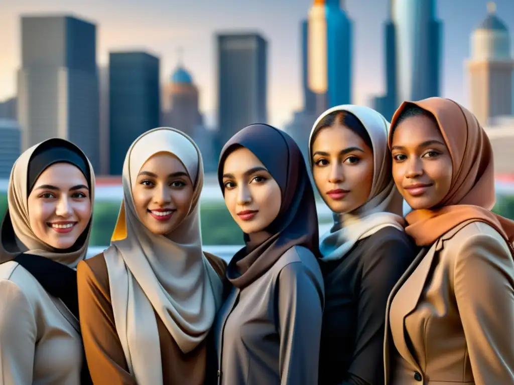 Un retrato fotorealista de mujeres musulmanas con distintos estilos de hijab, destacando la belleza y diversidad de la tradición