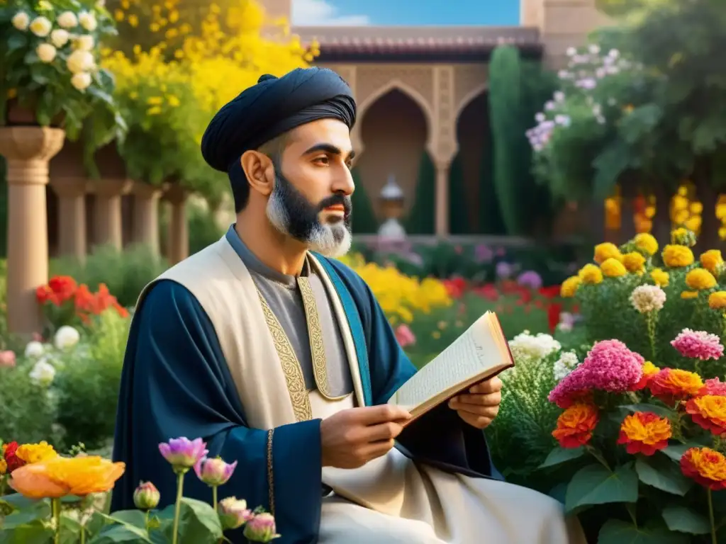 Retrato fotorealista de Hafez, poeta persa del siglo XIV, en un jardín sereno rodeado de flores vibrantes y arquitectura persa