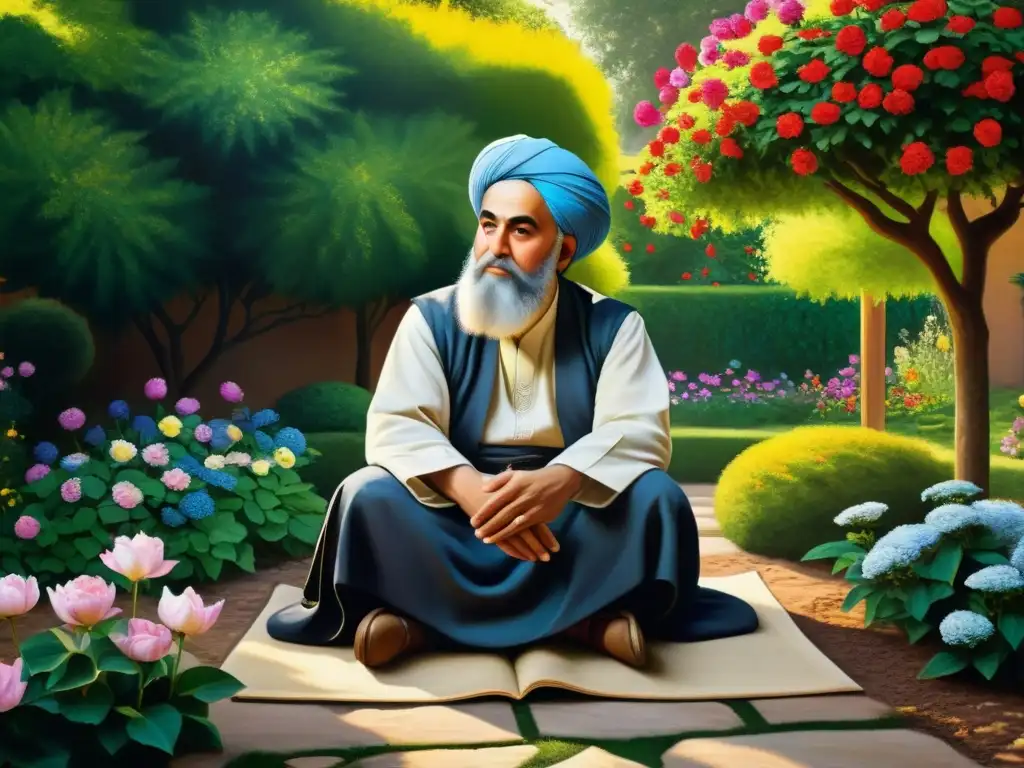 Retrato fotorealista de Rumi, el poeta persa y místico sufí, en un jardín tranquilo rodeado de flores vibrantes