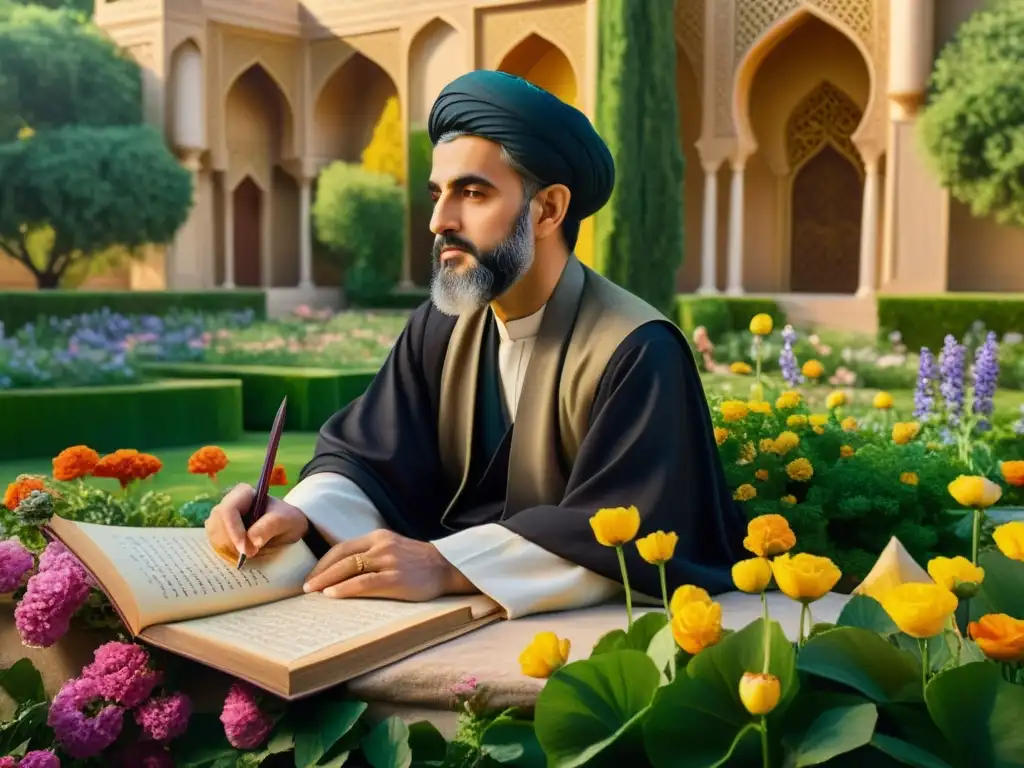 Retrato fotorealista del poeta persa Hafez en un exuberante jardín con flores, arquitectura islámica y simbolismo en su poesía
