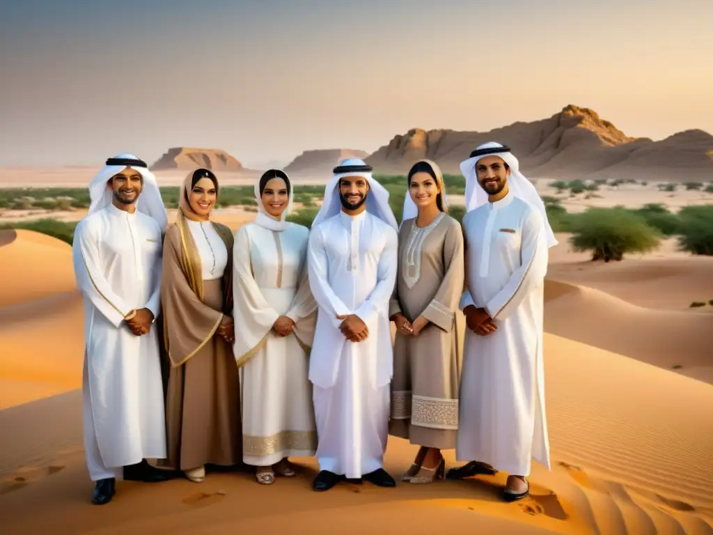 Un retrato fotorrealista de hombres y mujeres emiratíes vistiendo trajes típicos emiratíes, en un majestuoso desierto