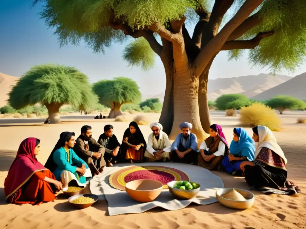 Un retrato fotorrealista de Baluchis en el sudeste de Irán, con actividades tradicionales bajo un árbol