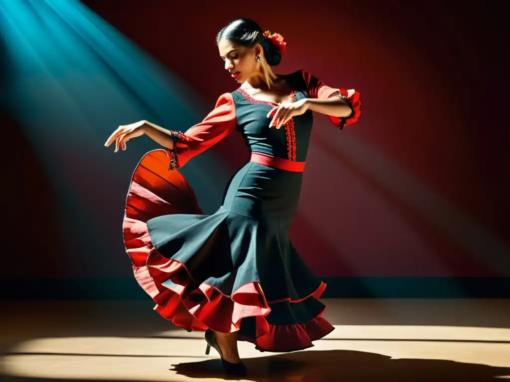 Un retrato impactante de un bailarín de flamenco, mostrando destreza y pasión en su expresión