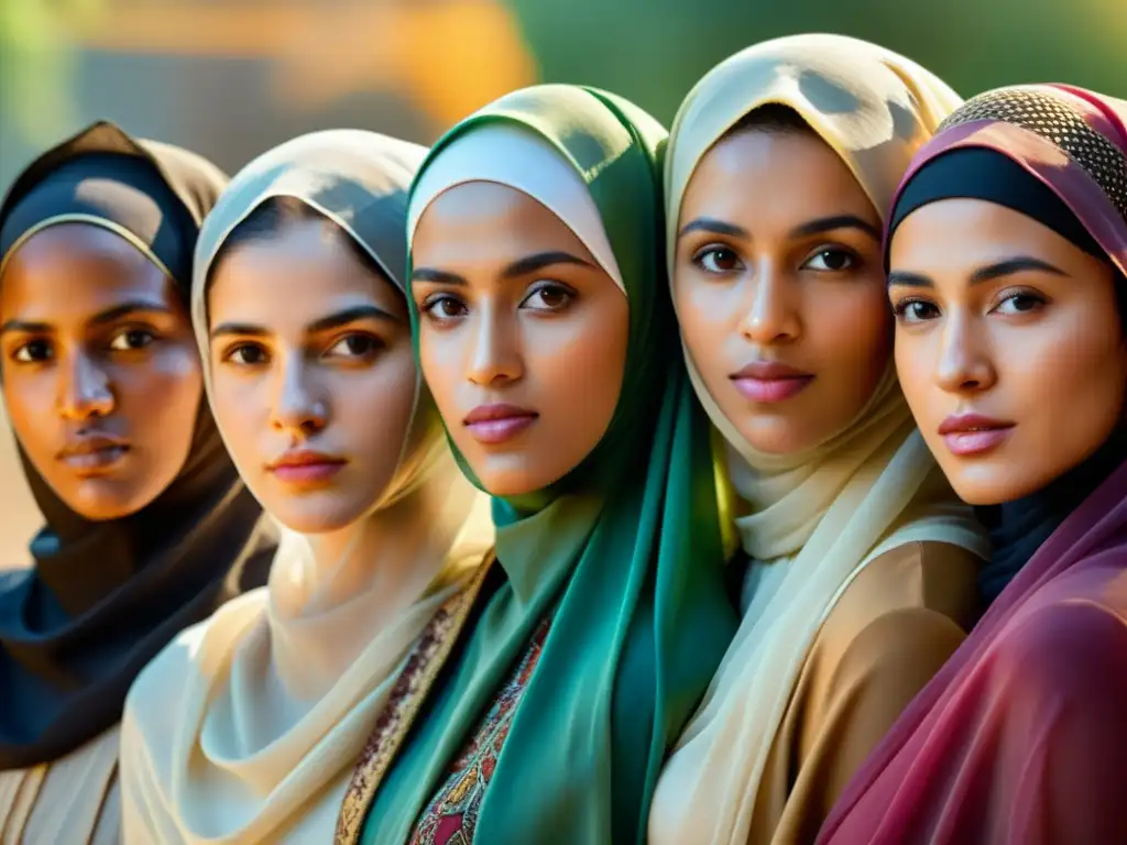 Un retrato impresionante de mujeres musulmanas diversas con velos, mostrando la riqueza del significado del velo en el Islam