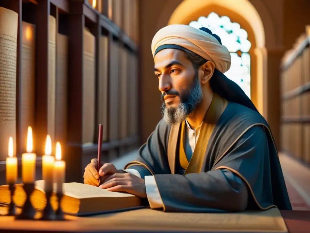 Retrato realista de Ibn Sina inmerso en el conocimiento en una biblioteca antigua, reflejando su visión sobre el universo