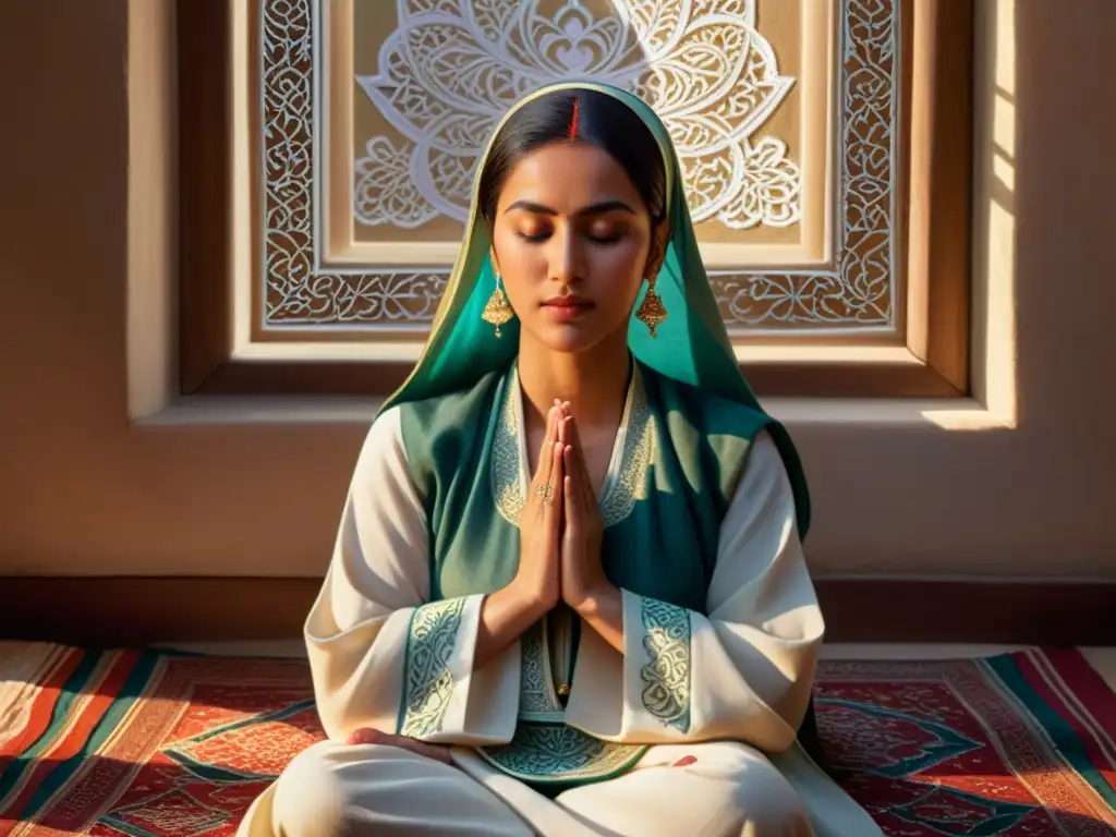 Retrato realista de mujer sufi en meditación, con vestimenta tradicional y poesía sufi en árabe