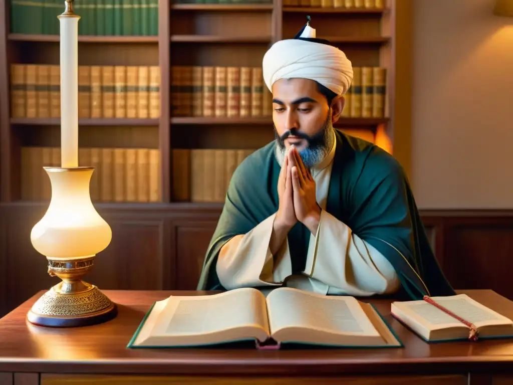 Retrato sereno de Al-Ghazali reflexionando sobre la ética del trabajo, rodeado de antiguos textos y vestido con atuendo académico tradicional