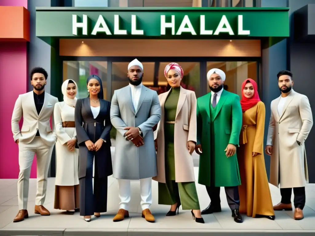 Un retrato vibrante de moda halal para el guardarropa, con un grupo diverso en atuendos modernos y elegantes, en un entorno urbano dinámico y colorido