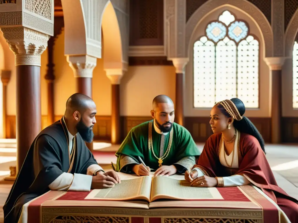 Reunión de líderes musulmanes península ibérica en majestuoso salón medieval con mapas y documentos históricos, bañados por cálida luz solar