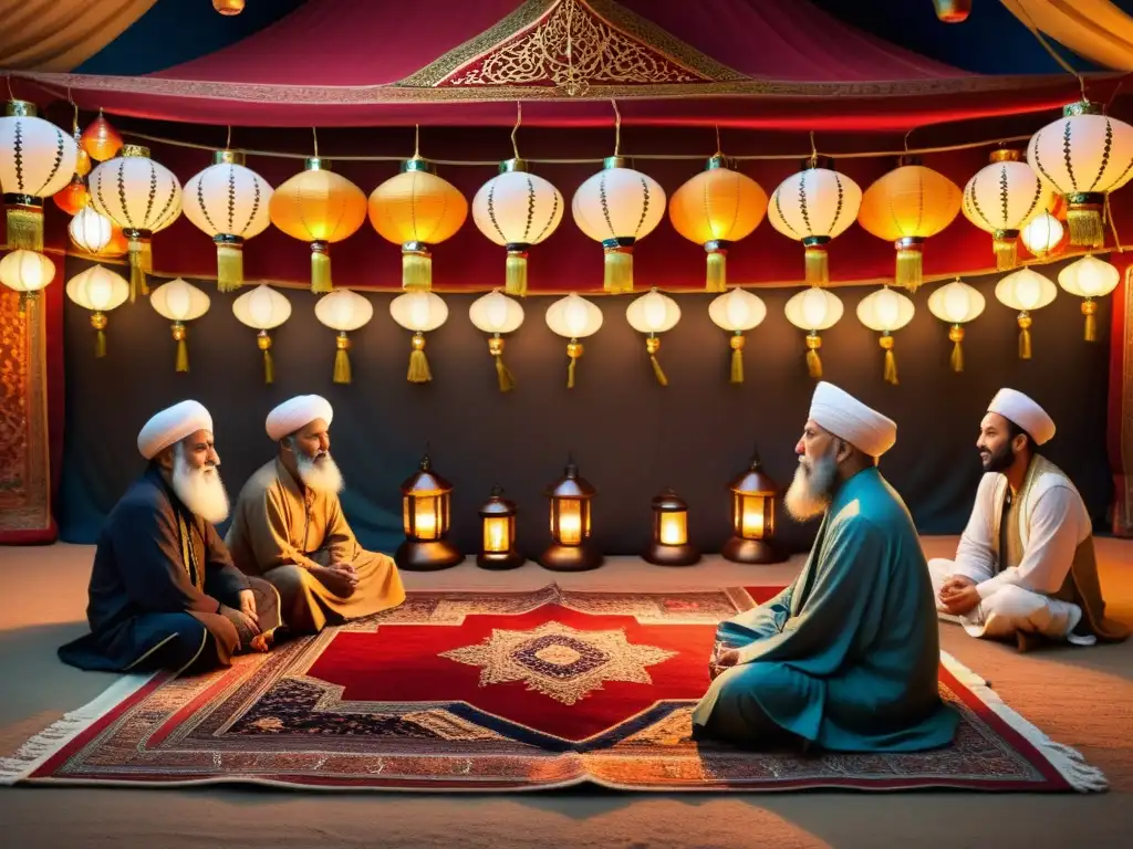 Una reunión Sufi tradicional en Asia, con detalles intrincados y una atmósfera de sabiduría espiritual